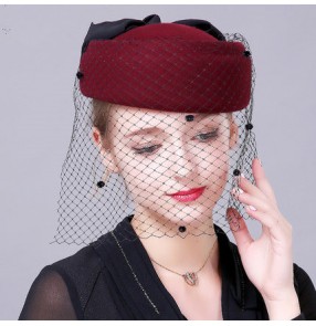 Black wine red 100% wool handmade vintage fashion bow knot fascinators veil bride wedding party pill box tops hats fedoras one size